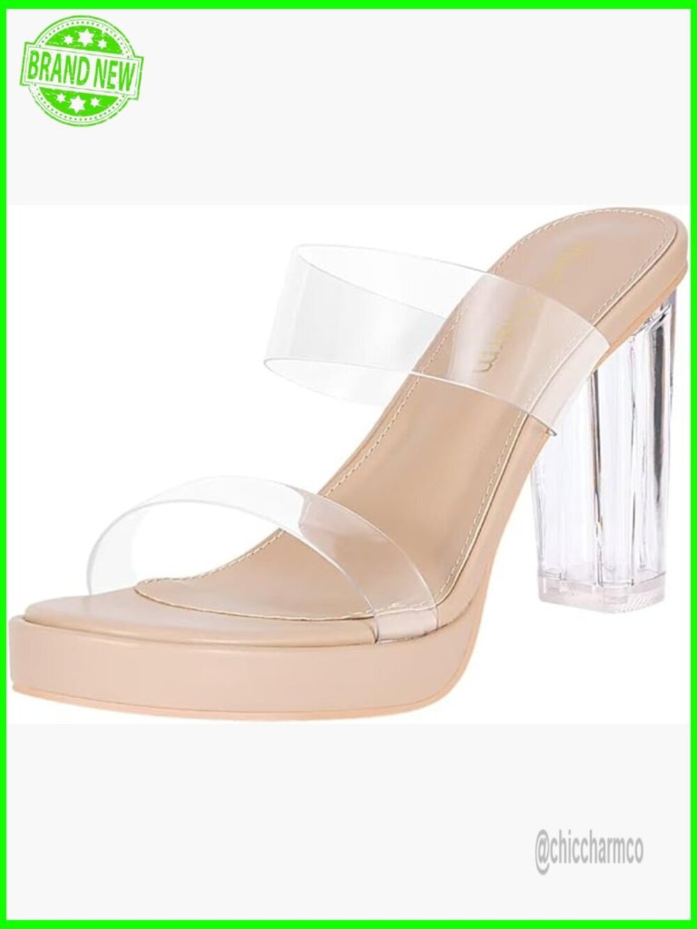 Clear Chunky Block Heeled Sandals Open Toe Two Strap Slip On Dress Heels